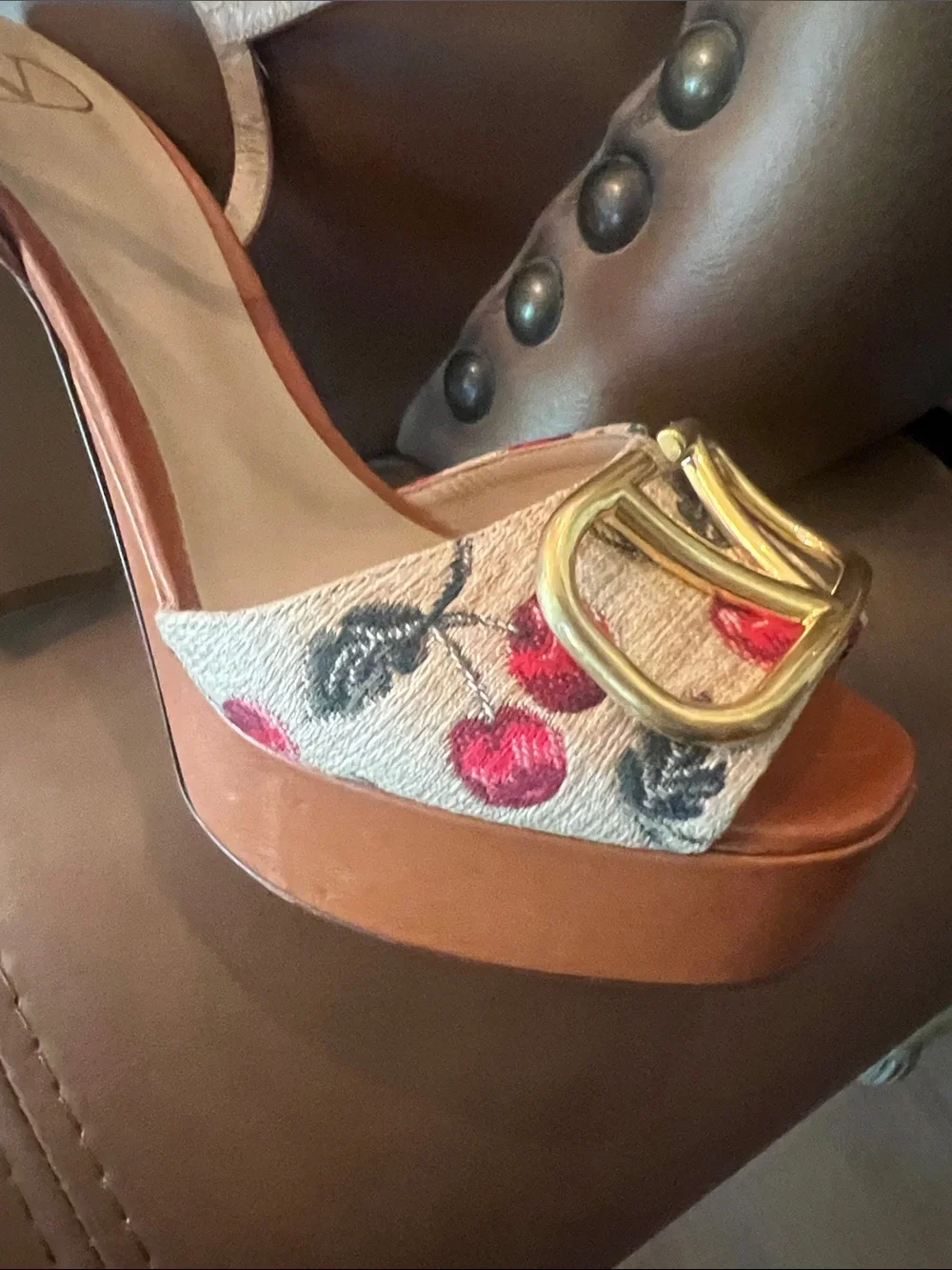 Valentino Garavani Brown Leather Slingback Sandals with Red Cherry Embroidery